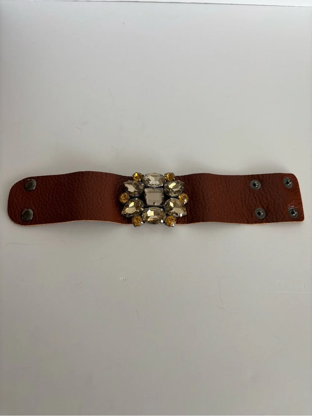 Statement Rhinestone Leather Cuff Bracelet Champagne Crystal Wide Cuff